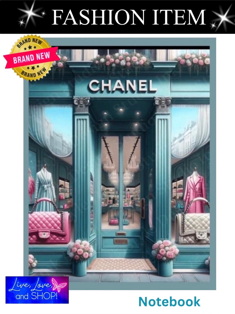 NOTEBOOK: Teal Boutique Illustration w/Pink Lux Accessories, NWOT